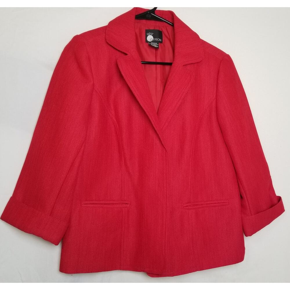 VTG - First Option Women's Red Jacket Blazer 3/4 Sleeves Lined Pockets Size Med